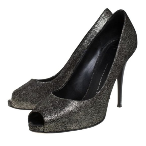 Giuseppe Zanotti Peep Toe Pumps Sz 39 Black/Grey Glitter Fabric Stiletto Heels - Picture 2 of 12